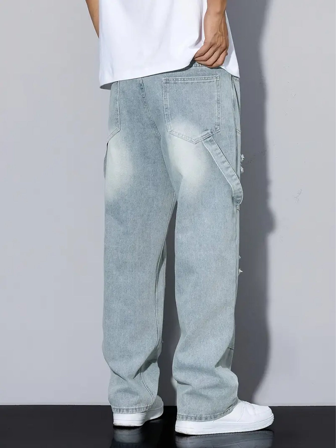 Men's Light Blue Ripped Jeans, Loose Straight Leg, All Season Wear