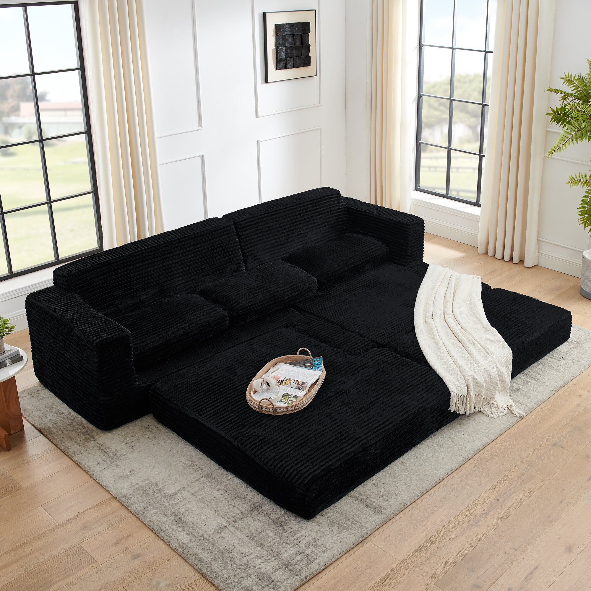 Right Sofa Seat,L Shape Modular Sectional Sofa, Compressed Sectional Sofa Modern Minimalist Style Corduroy Couch,Unfold Into A Bed, Bedroom, Comfy Compressed Sofa Couch Space-Efficient Design-black