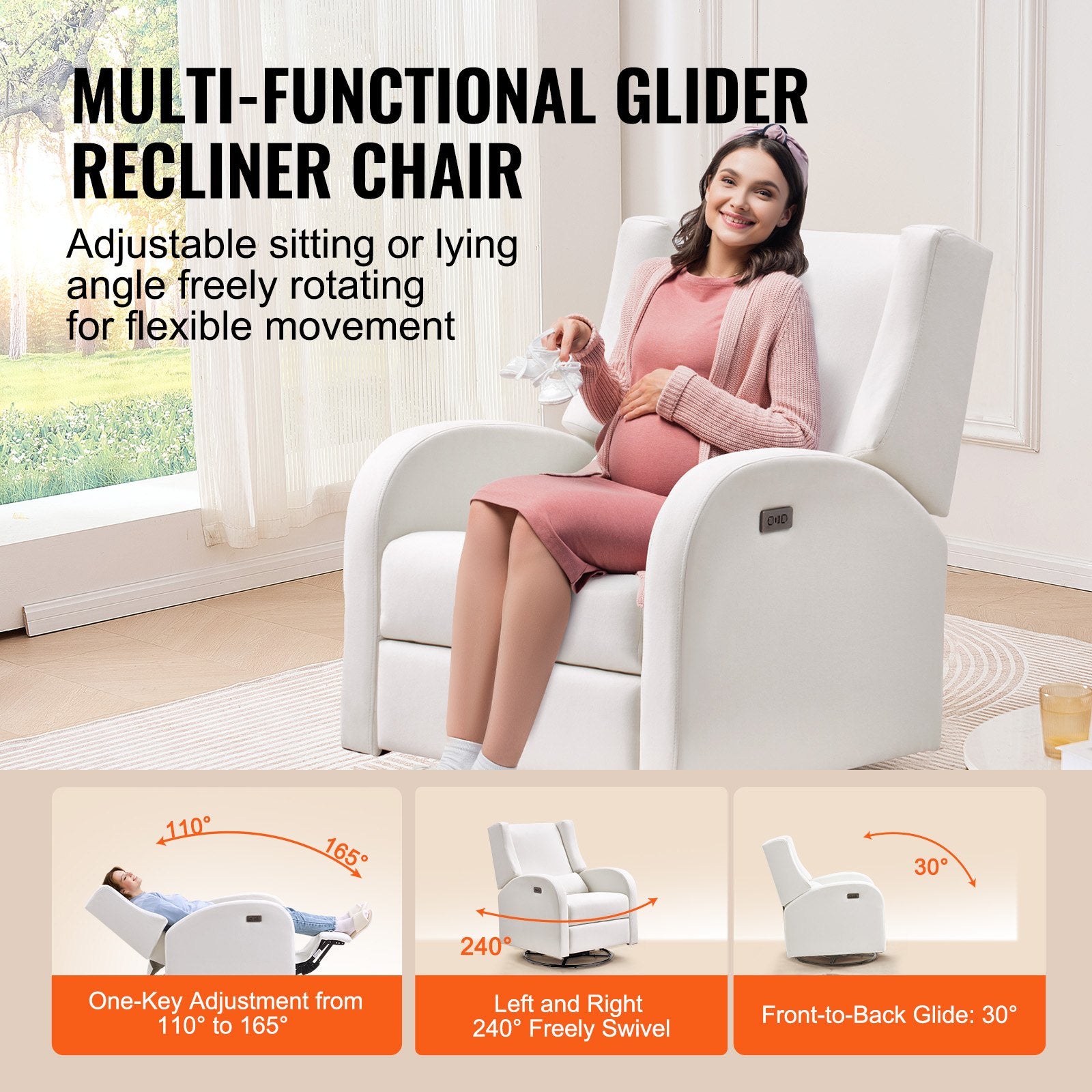 Electronic Power Recliner And Swivel Glider, 250 Lbs Weight Capacity Swivel Glider Recliner Chair With USB Port, Polyester Surface Swivel Rocker Recliner  For Living Room, Bedroom,  Off White