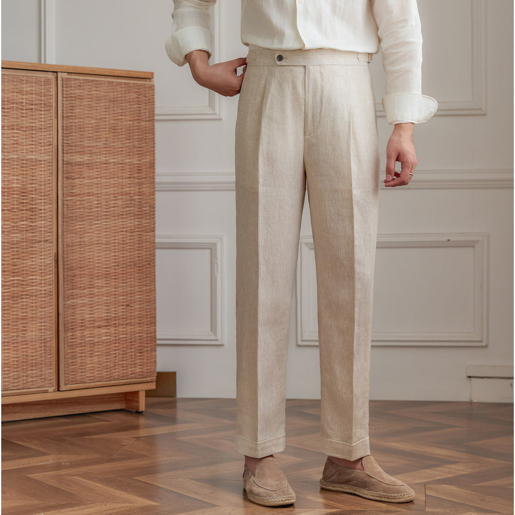 Summer Linen Straight-leg Trousers, High-waisted Neapolitan Style Trousers
