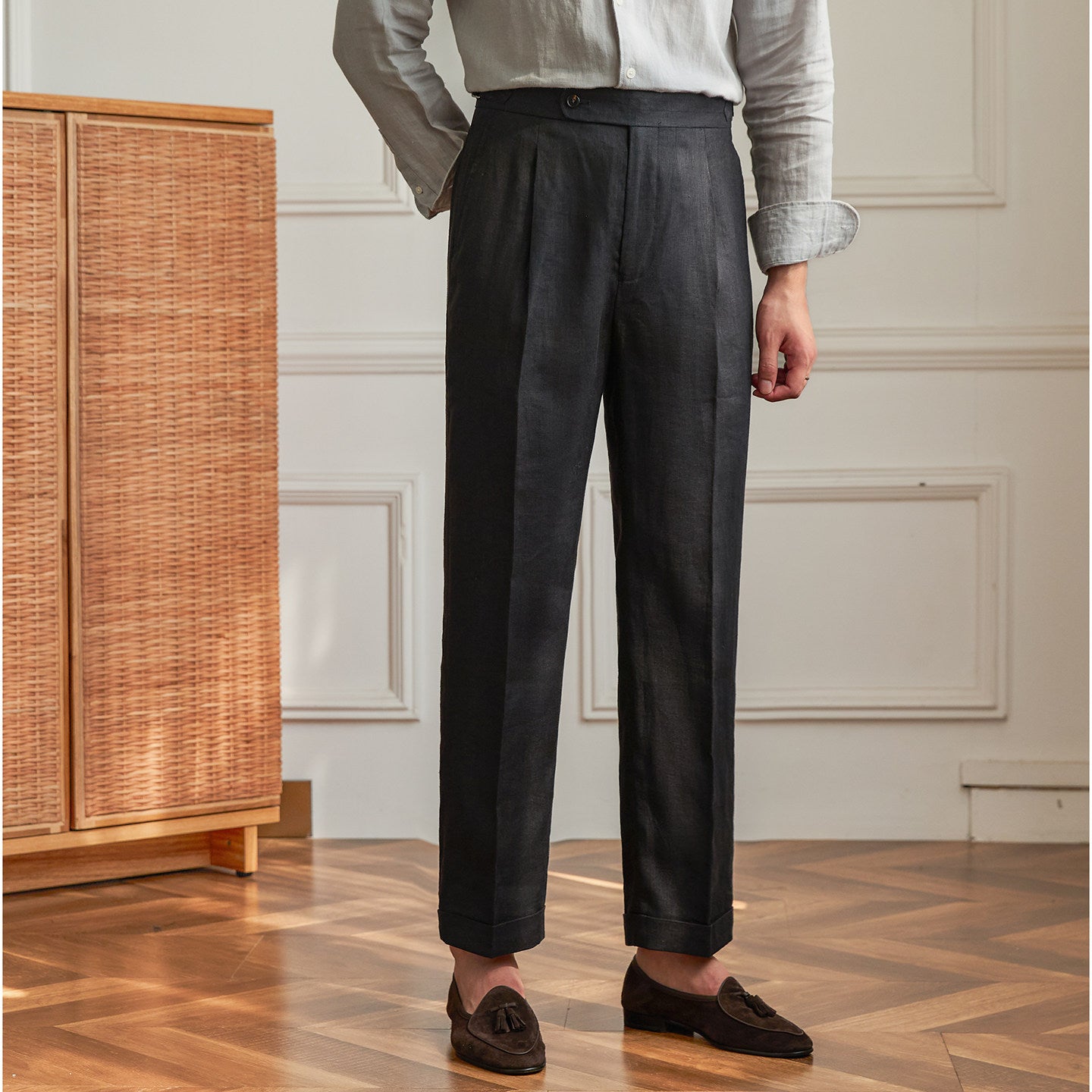 Summer Linen Straight-leg Trousers, High-waisted Neapolitan Style Trousers