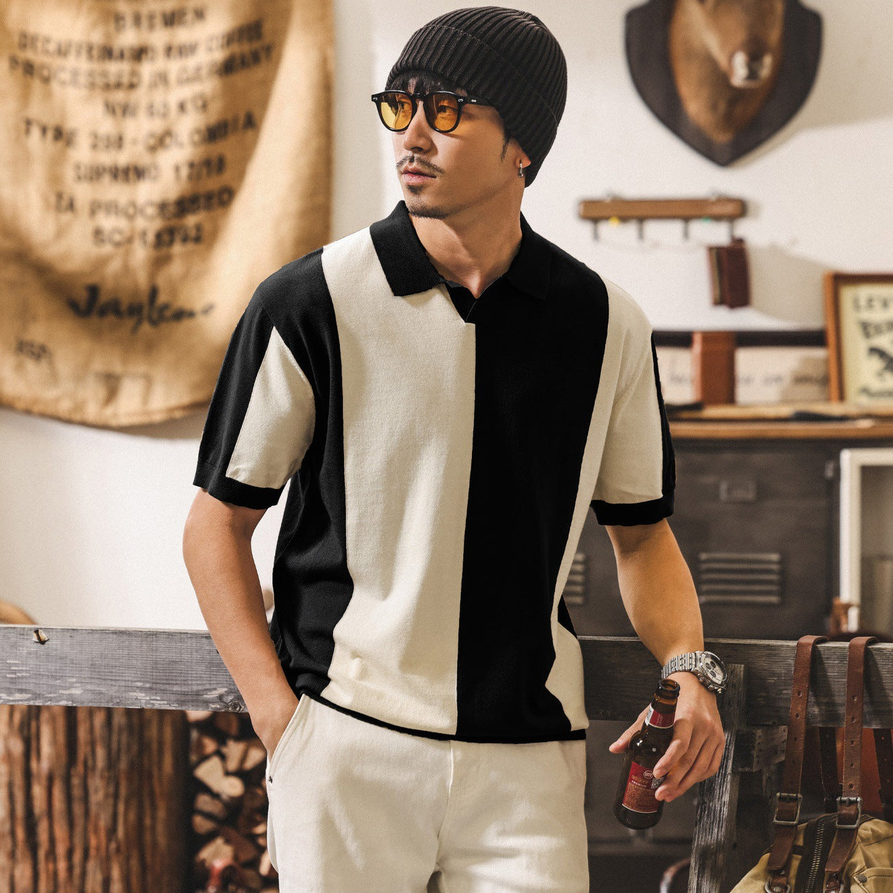 American-style Retro Color-block Short-sleeve