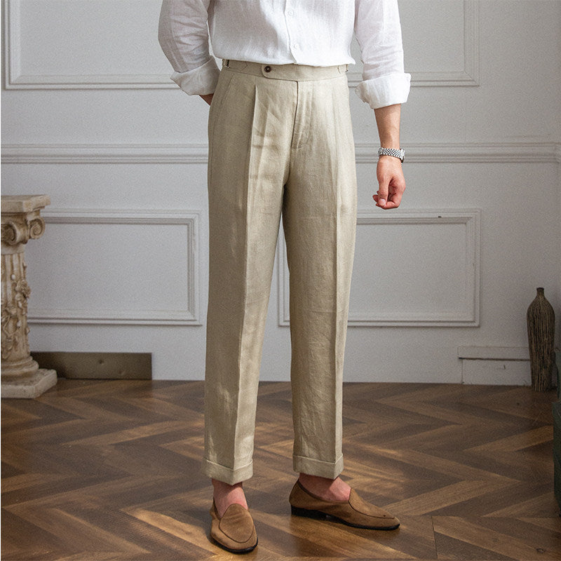 Summer Linen Straight-leg Trousers, High-waisted Neapolitan Style Trousers