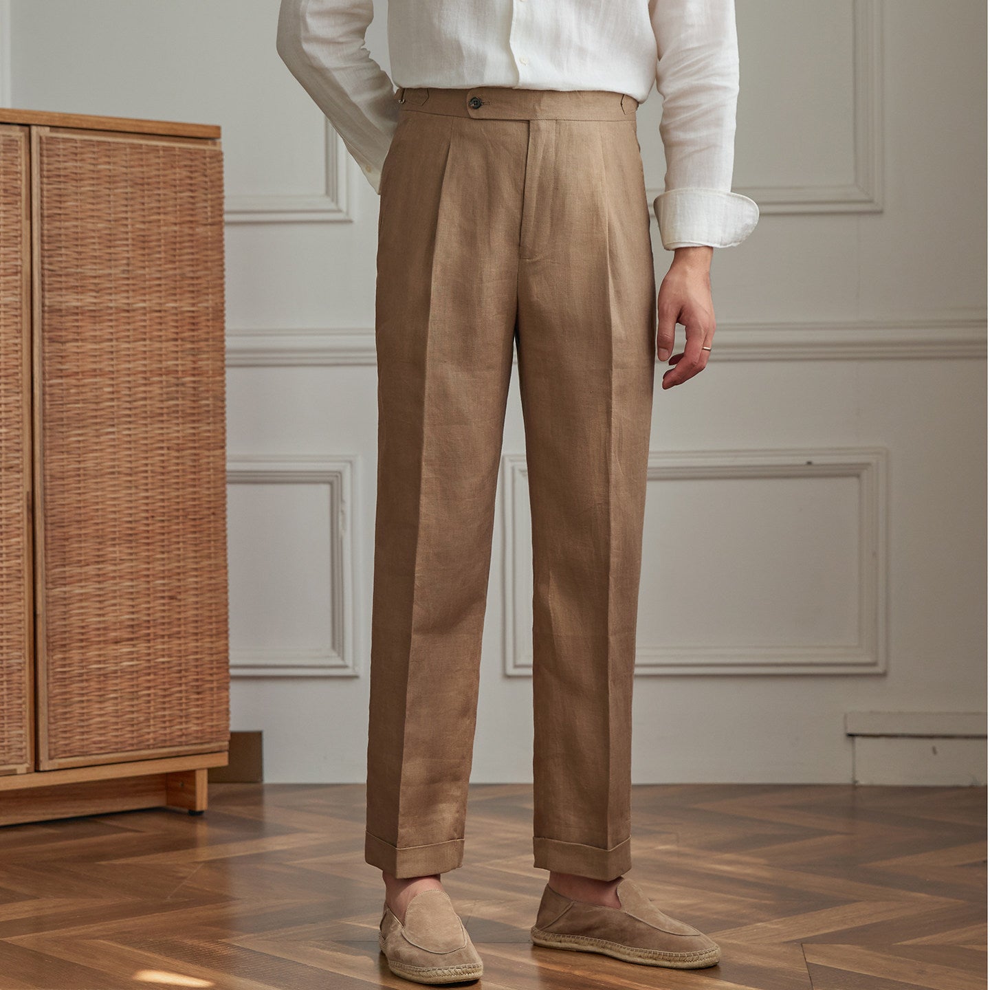 Summer Linen Straight-leg Trousers, High-waisted Neapolitan Style Trousers